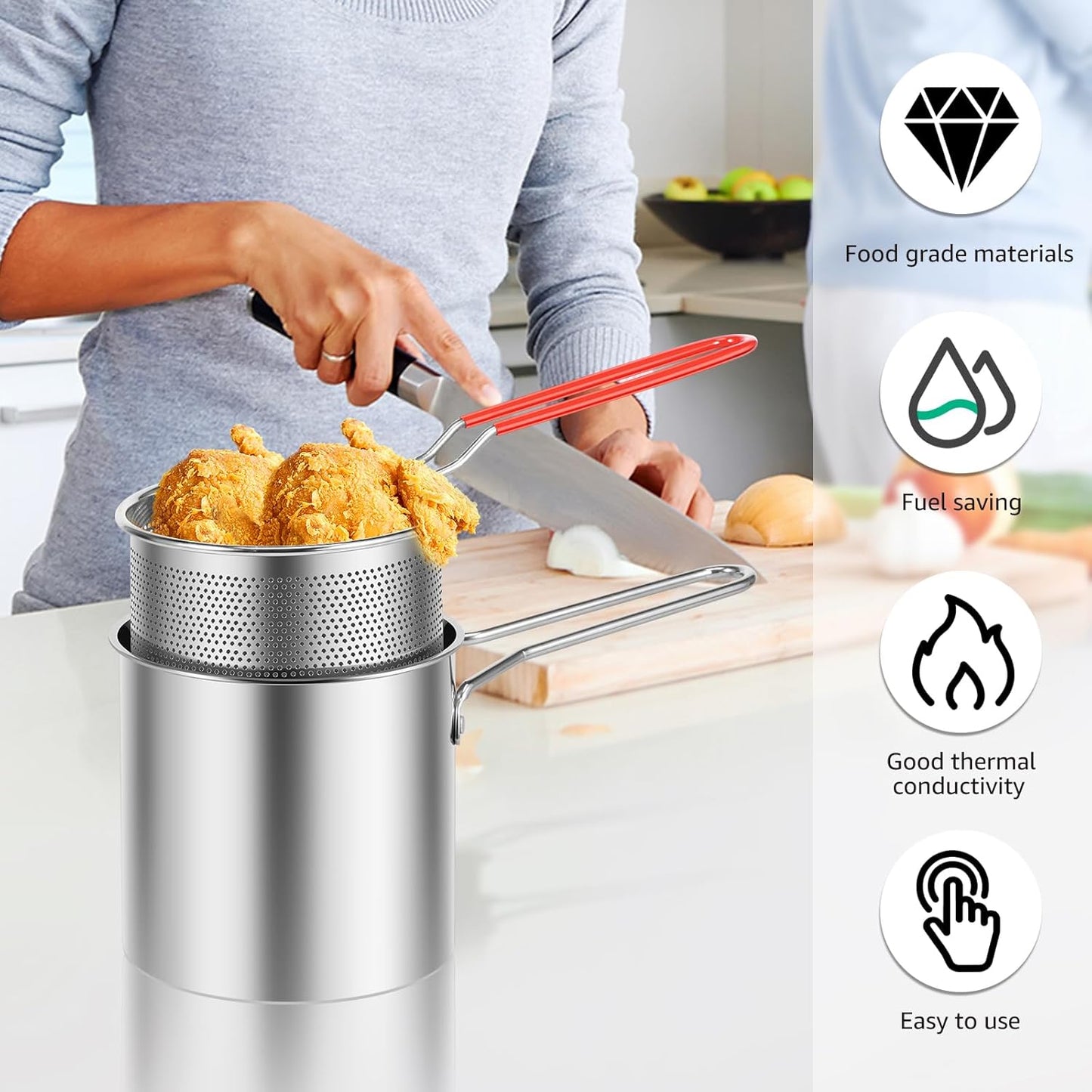 Stainless Steel 1.2L Deep fryer Pot with Strainer and Handle